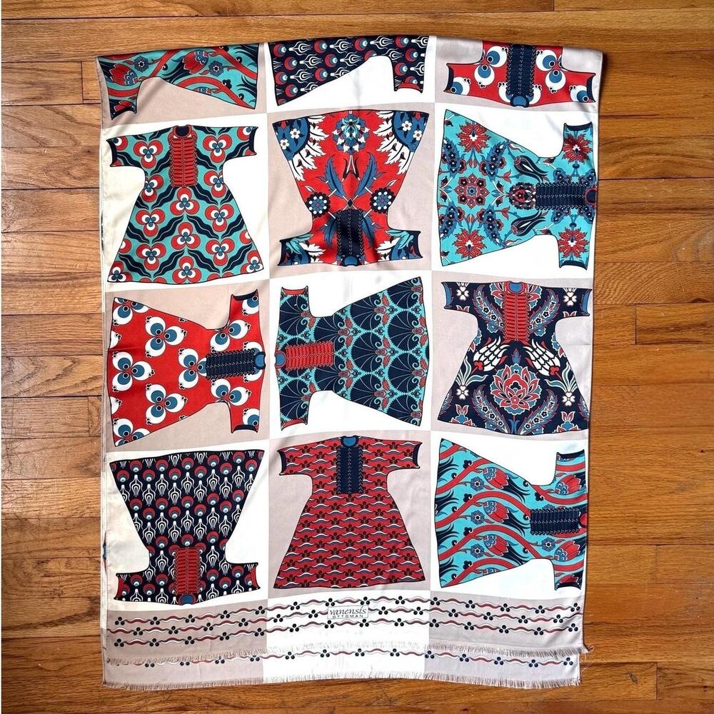 Vintage 70 Kimono Print Scarf | Oversized Mod Novelty Shawl Wrap - Picture 5 of 8
